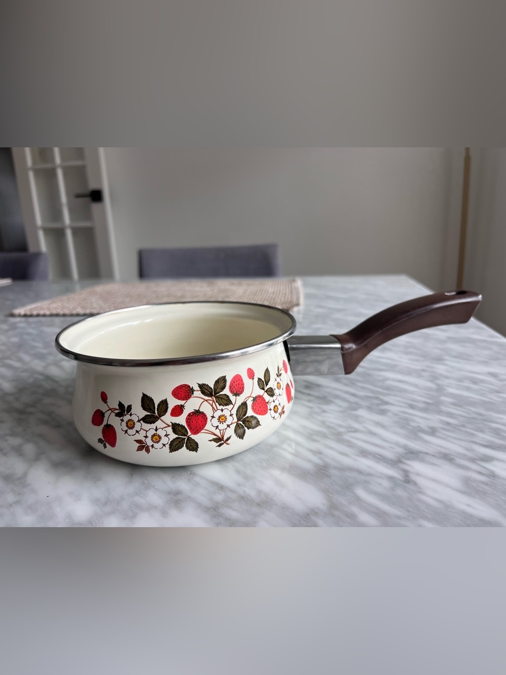 Vintage Sheffield Strawberry Floral Enamel Saucepan with Brown Handle